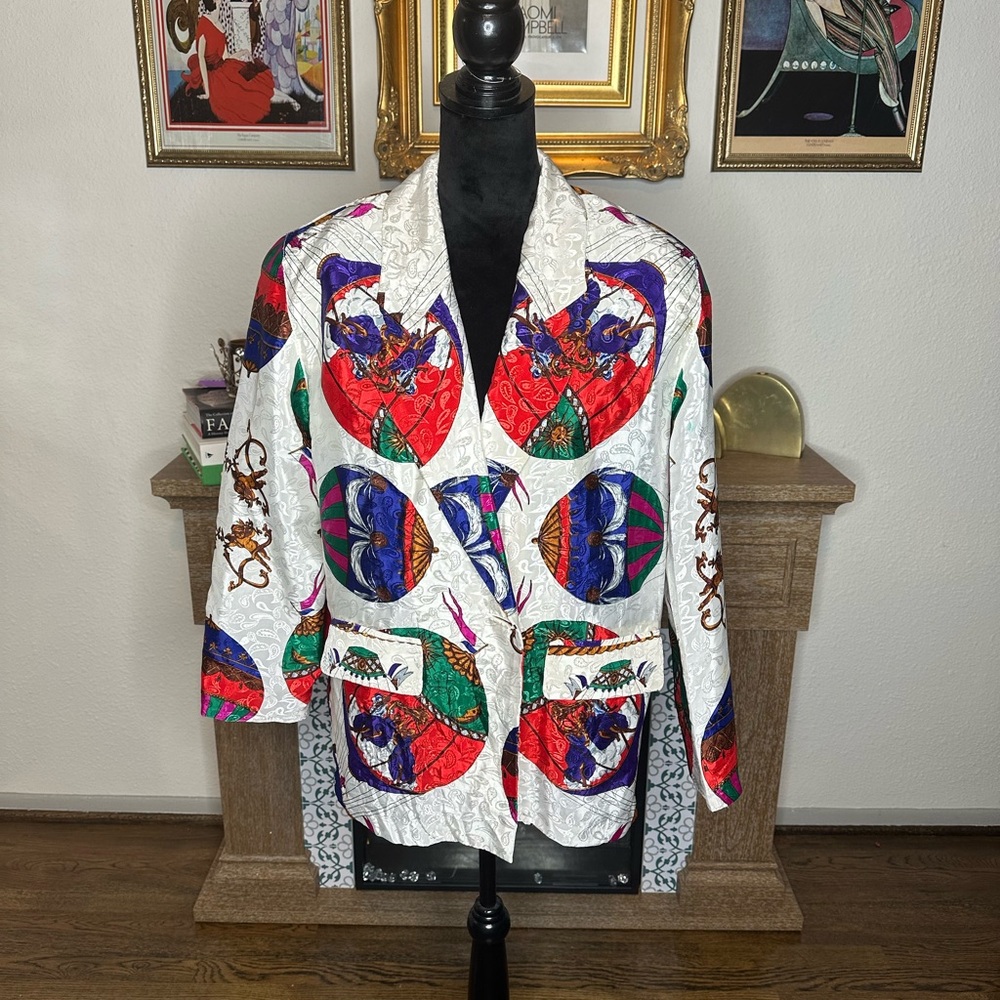 Colorful hot air balloon print blazer